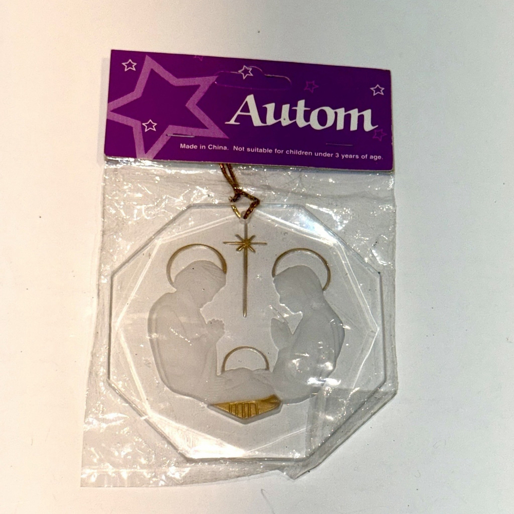 Vintage Autom Christmas Lucite Ornament Holy Family 3”X 3" Mary Joseph Jesus NEW
